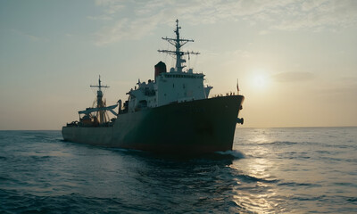 large cargo ship sailing on calm sea at sunset