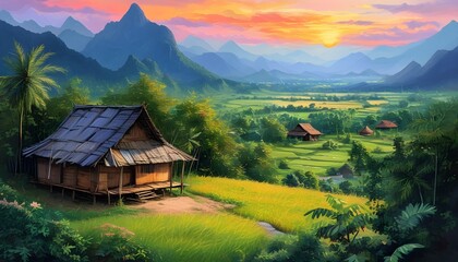 Serene countryside landscape of Southeast Asia featuring a thatched roof bamboo hut against a backdrop of majestic mountains and a picturesque sunset sky