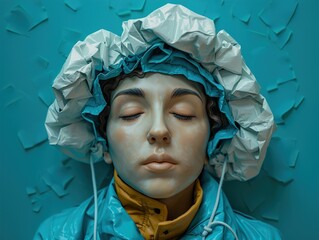 Wall Mural - Woman in a Shower Cap and Raincoat - Minimalist Portrait Photography