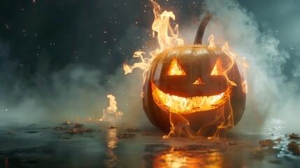 Poster - A spooky Halloween jack-o-lantern pumpkin engulfed in flames, symbolizing the transition from autumn to winter, the power of fire, the thrill of the unknown, the spirit of Halloween, and the beauty of