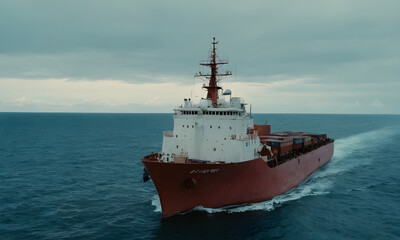 Large container ship sailing across ocean on cloudy day