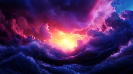 A stunning sunset sky with vibrant colors of purple, pink, and yellow creates a dramatic landscape over a vast ocean.  The clouds symbolize hope, dreams, and the beauty of nature. The ocean represents