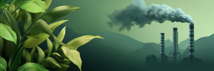 A stylized illustration depicting the juxtaposition of industrial activity and nature's resilience.  Smoke plumes from factories rise against a backdrop of hills, while lush green foliage thrives in t