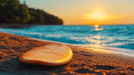 Wall Mural - A surfboard lies on a sandy beach at sunset, with the sun casting a warm glow over the ocean. The image symbolizes relaxation, adventure, summer, and the beauty of nature.