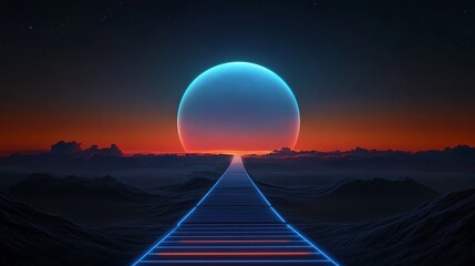 Wall Mural - A surreal digital landscape featuring a glowing blue orb in the sky above a futuristic highway with neon lights, representing the limitless possibilities of technology and the journey towards the unkn