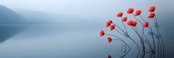 Wall Mural - A tranquil scene featuring a cluster of vibrant red flowers blooming gracefully near a serene lake shrouded in a gentle mist, symbolizing beauty, peace, hope, nature's grace, and resilience.