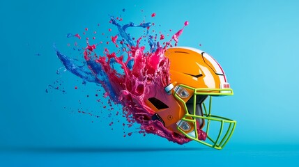 Wall Mural - A vibrant illustration of an American football helmet surrounded by a dynamic splash of colorful paint. The image symbolizes the power, energy, and excitement of the sport, with the colors representin