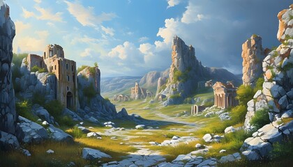 serene oil painting of a stunning landscape featuring an ancient abandoned city carved from rock