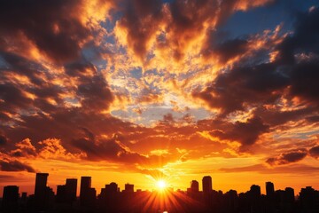 Poster - A vibrant sunset paints the sky with fiery hues as the sun dips below the horizon, casting a warm glow over a silhouetted cityscape. The clouds are filled with color, symbolizing hope, beauty, and the