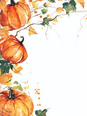 Canvas Print - A watercolor illustration of three pumpkins and autumn leaves cascading down the left side of the frame, with plenty of copy space on the right. It's perfect for a Thanksgiving or Fall-themed project.