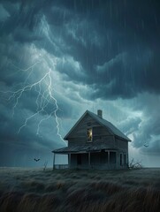 Sticker - A weathered, abandoned house stands alone in a field, silhouetted against a stormy sky with lightning striking. The image evokes a sense of mystery, isolation, and the power of nature.