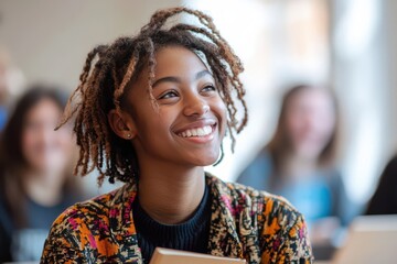 joyful young african american student in a classroom setting with a bright smile and engaging expres