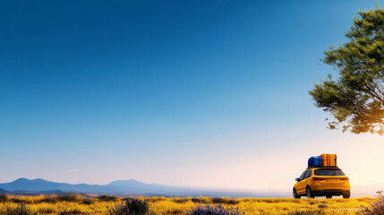 A yellow car loaded with luggage sits on a grassy hill, ready for a road trip adventure.  A single tree provides shade, symbolizing the journey's beginning. The blue sky represents freedom and possibi