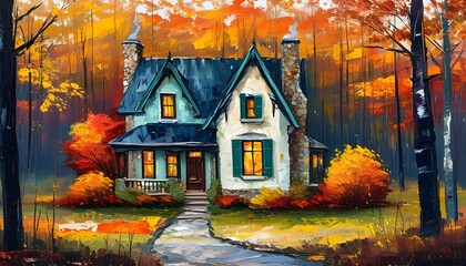 Wall Mural - Charming Autumn Cottage Surrounded by Vibrant Forest Colors in Artistic Brushstroke Painting Style