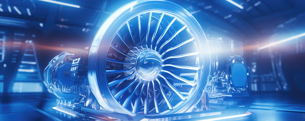 Aircraft engine dismantled in a hangar blue color