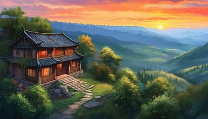 Tranquil sunset over a serene valley with an Asian-style cottage, surrounded by glowing mountain ridges and a picturesque landscape in a vibrant painting style illustration