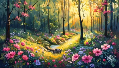 Canvas Print - Whimsical Enchanted Forest with Flower Blossoms in a Sunlit Oil Painting Style