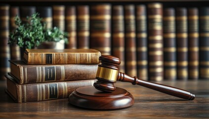 A judge's gavel rests on a wooden desk, surrounded by law books, symbolizing justice and legal authority.