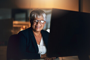 Poster - Mature, business woman and computer in portrait at night as human resources specialist in office. Female person, working late and tech for connection, internet or company as professional in Argentina