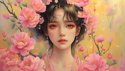 Wall Mural - Dreamy illustration of a woman enveloped in flowing streams of pink and yellow hues