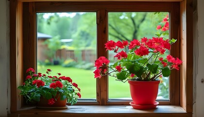 Vibrant red flower houseplant in a pot by a wooden window framing a lush green summer garden view