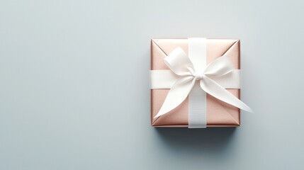 Wall Mural - Elegant Chic Gift Box Wrapped in Metallic Rose Gold Paper with White Ribbon for Special Occasions