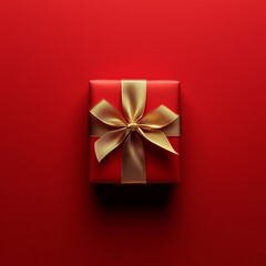 Sticker - Elegant Holiday Gift Box with Golden Ribbon on Red Background for Festive Celebrations