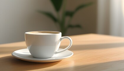 Wall Mural - Peaceful morning ambiance with a white coffee cup on a softly lit table