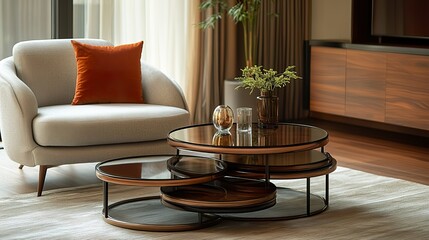 Elegant set of nesting tables with metallic frames and glass tops, arranged beside a contemporary armchair.