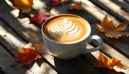 Elegant latte art on wooden table illuminated by warm sunlight