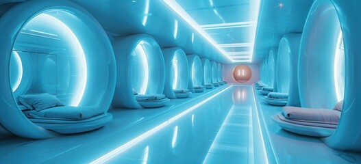 Canvas Print - Futuristic Sleep Pods in a Blue-Lit Corridor