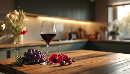 elegant red wine glass surrounded by fresh grapes and flowers on a rustic wooden table in a cozy mod