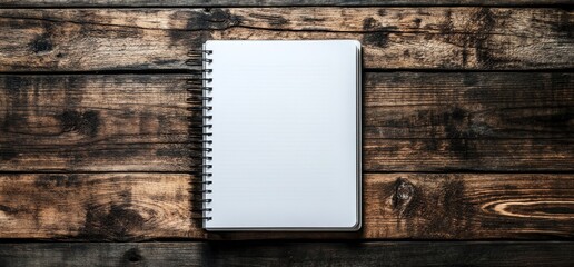 Blank spiral bound notebook on rustic wooden table.