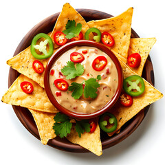 chilli cheese sauce tortilla chip dip chilli cheese sauce, white background