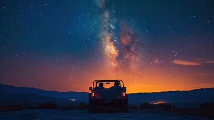 A couple is driving a Jeep in a desert at night