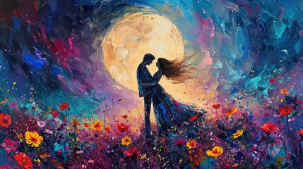 A painting of a couple embracing under a full moon