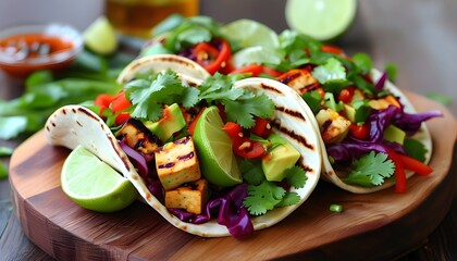 Savory grilled tofu tacos topped with creamy avocado, vibrant red cabbage, fresh cilantro, and zesty lime on a rustic wooden board