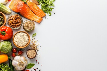 Flat Lay of Fresh Salmon and Colorful Vegetables on White Background