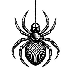 A black and white drawing of a spider with a black and white background. The spider is hanging from a string and has a black and white pattern on its body. Scene is mysterious and eerie