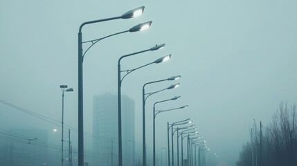 Poster - Street lamps cast a soft glow through thick fog, creating an eerie yet peaceful atmosphere in an urban landscape. A distant building looms, adding to the mood of the evening setting.