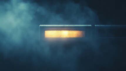 Aufkleber - A warm light shines through the fog, creating an ethereal atmosphere in a dimly lit urban setting. The contrasting shadows enhance the mysterious allure of the scene.