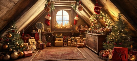 A Christmas-themed attic, with old holiday decorations