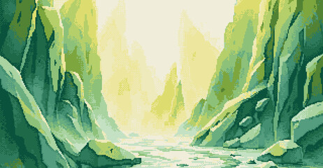 Wall Mural - Green cold spiky cliffs and a path through, Pixel art style