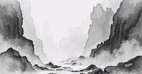 Wall Mural - Grayscale mountain pass with fog, Pixel art style