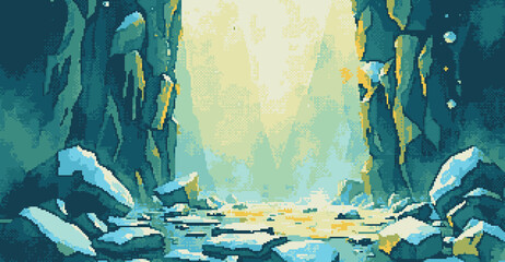 Wall Mural - Green and blue snow path between cliffs, Mountain pass, Fantasy pixel art style