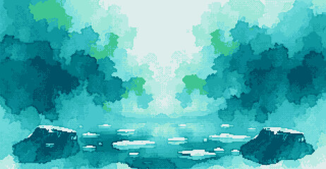 Wall Mural - Blue ice and water in the abstract depths of immense cold, Pixel art style