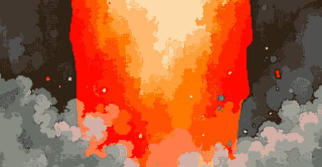 Wall Mural - Fiery game lava flow with steam rising and heat can be felt, Fantasy pixel art style close-up