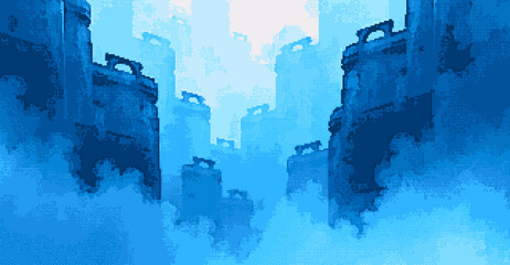 Wall Mural - Unnerving structures in the blue fog, Surrounded by unknown history, Fantasy pixel art style