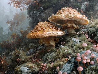 Sticker - Enchanted Forest Mushrooms: A Dreamlike Autumn Landscape