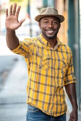 Cheerful, confident man in casual yellow plaid shirt, smiling and waving on city street, friendly greeting concept